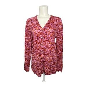 Isaac‎ Mizrahi Live Floral Button Down Top Long Sleeve Pink Orange Size M M